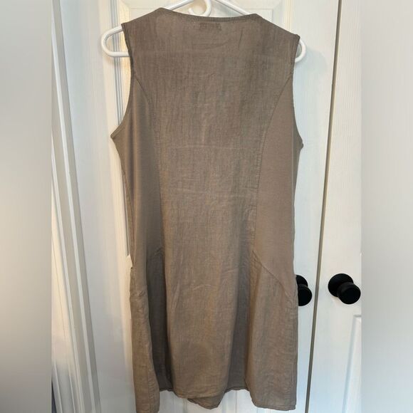 Lina Tomei 100% Linen Beaded Round Neck Sheath Dress Pockets Size Large Taupe - Picture 10 of 11